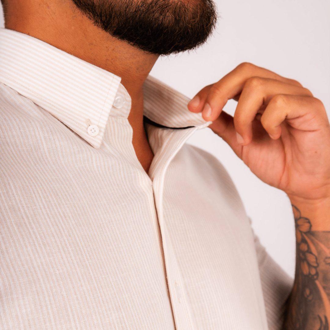 Camisa Lino Algodón Rayas Beige Manga Corta Slim Fit - BARBADENS