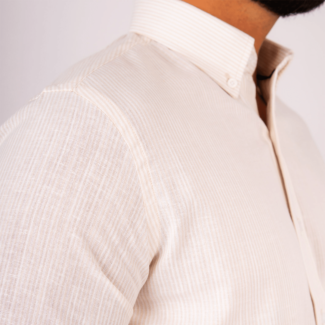 Camisa Lino Algodón Rayas Beige Manga Corta Slim Fit - BARBADENS