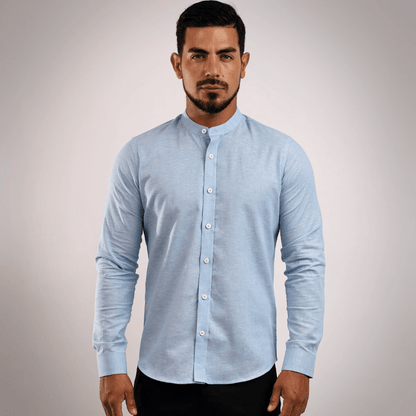 Camisa Lino Algodón Celeste Cuello Nerú Slim Fit - BARBADENS