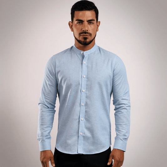Camisa Lino Algodón Celeste Cuello Nerú Slim Fit - BARBADENS