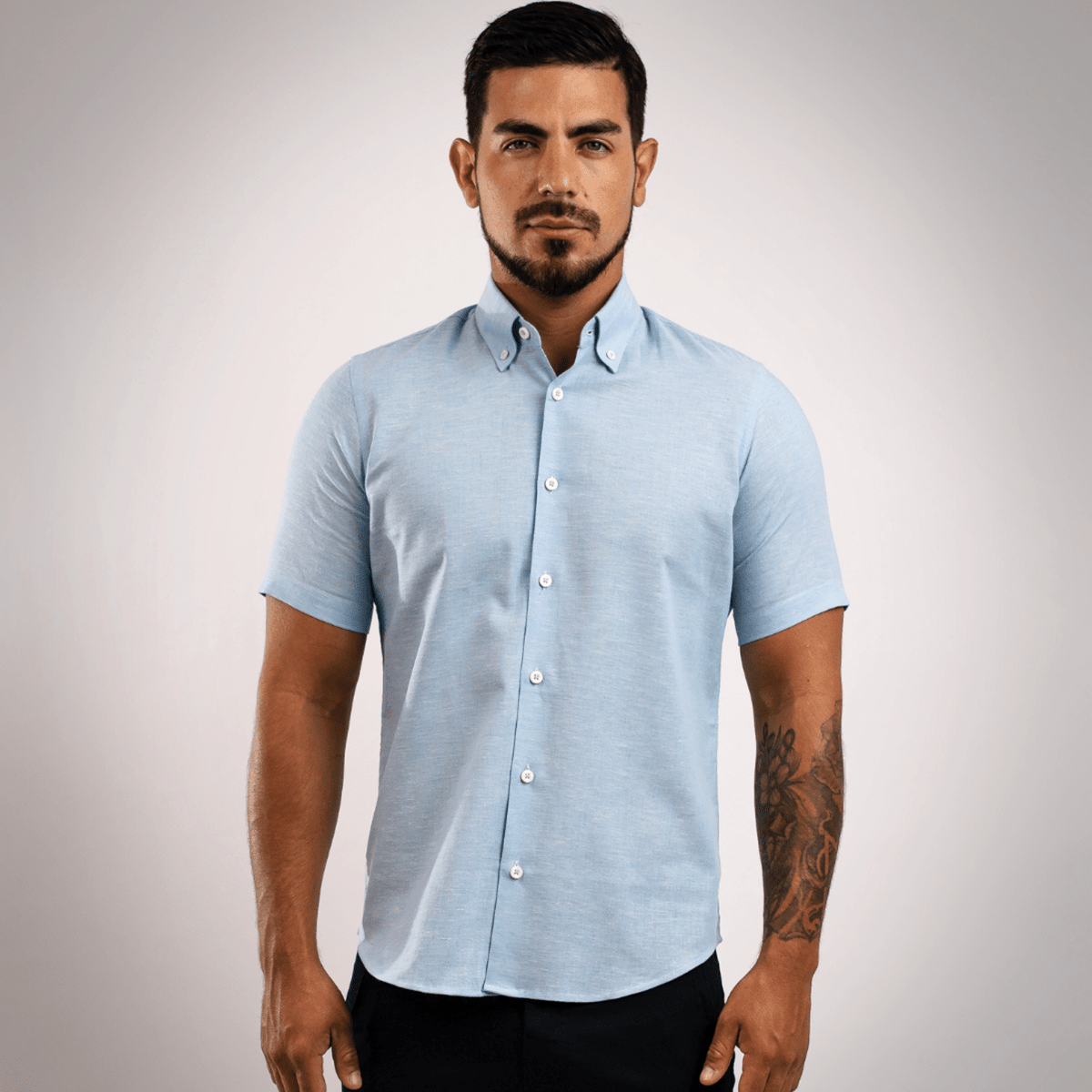 Camisa Lino Algodón Celeste Manga Corta Slim Fit - BARBADENS