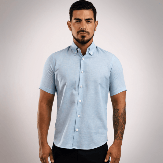 Camisa Lino Algodón Celeste Manga Corta Slim Fit - BARBADENS