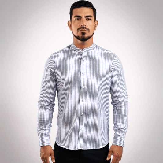 Camisa Lino Algodón Rayas Azul Cuello Nerú Slim Fit - BARBADENS