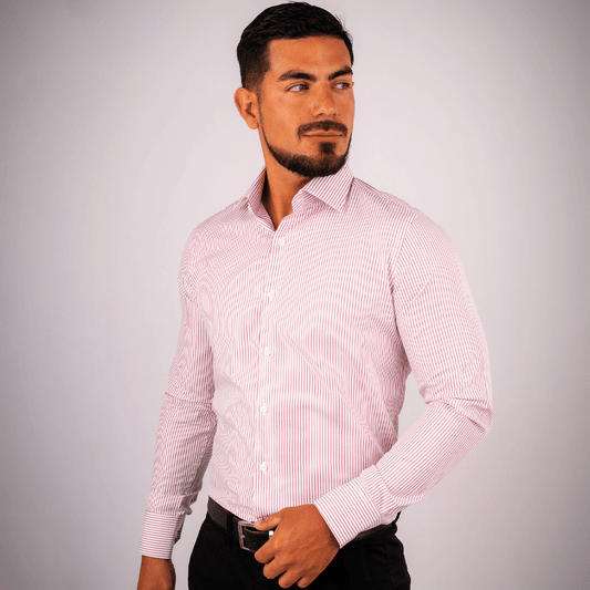 Camisa Slim Fit Rayas Guinda Dobby Algodón Pima - BARBADENS