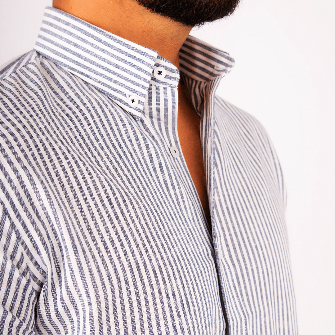 Camisa Lino Algodón Rayas Gris Manga Corta Slim Fit - BARBADENS