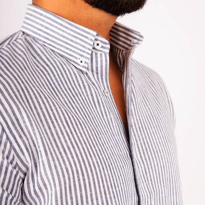 Camisa Lino Algodón Rayas Gris Manga Corta Slim Fit - BARBADENS