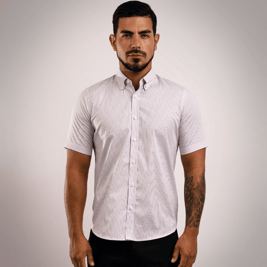 Camisa Algodón Stretch Rayas Lila Manga Corta Slim Fit - BARBADENS