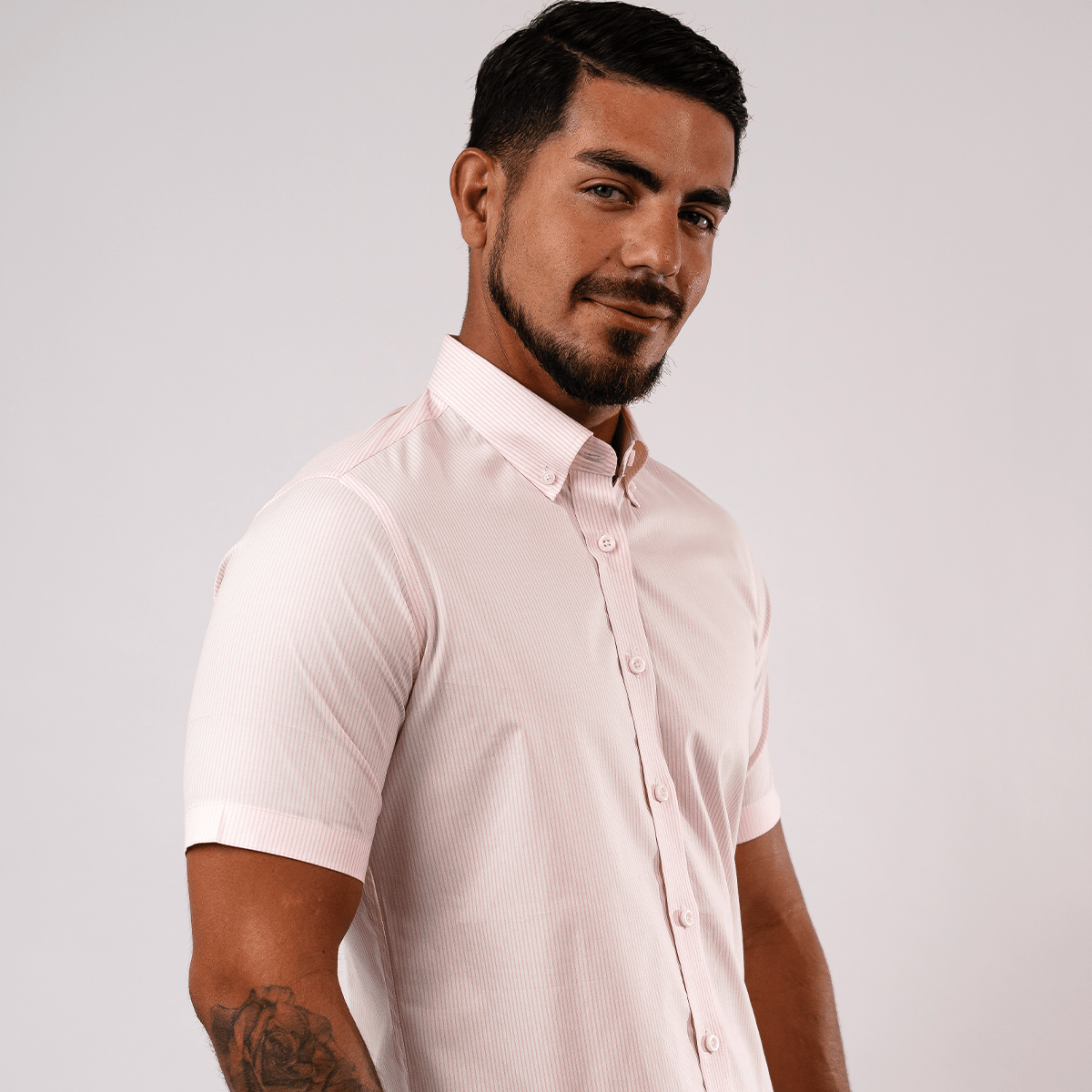 Camisa Algodón Stretch Rayas Rosada Manga Corta Slim Fit - BARBADENS