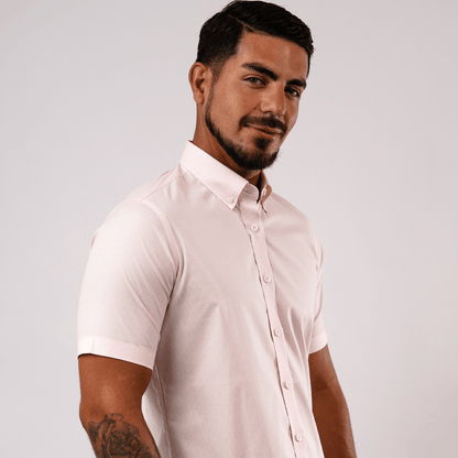 Camisa Algodón Stretch Rayas Rosada Manga Corta Slim Fit - BARBADENS