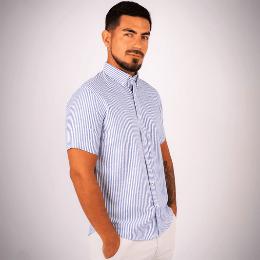 Camisa Lino Algodón Rayas Azul Manga Corta Slim Fit - BARBADENS