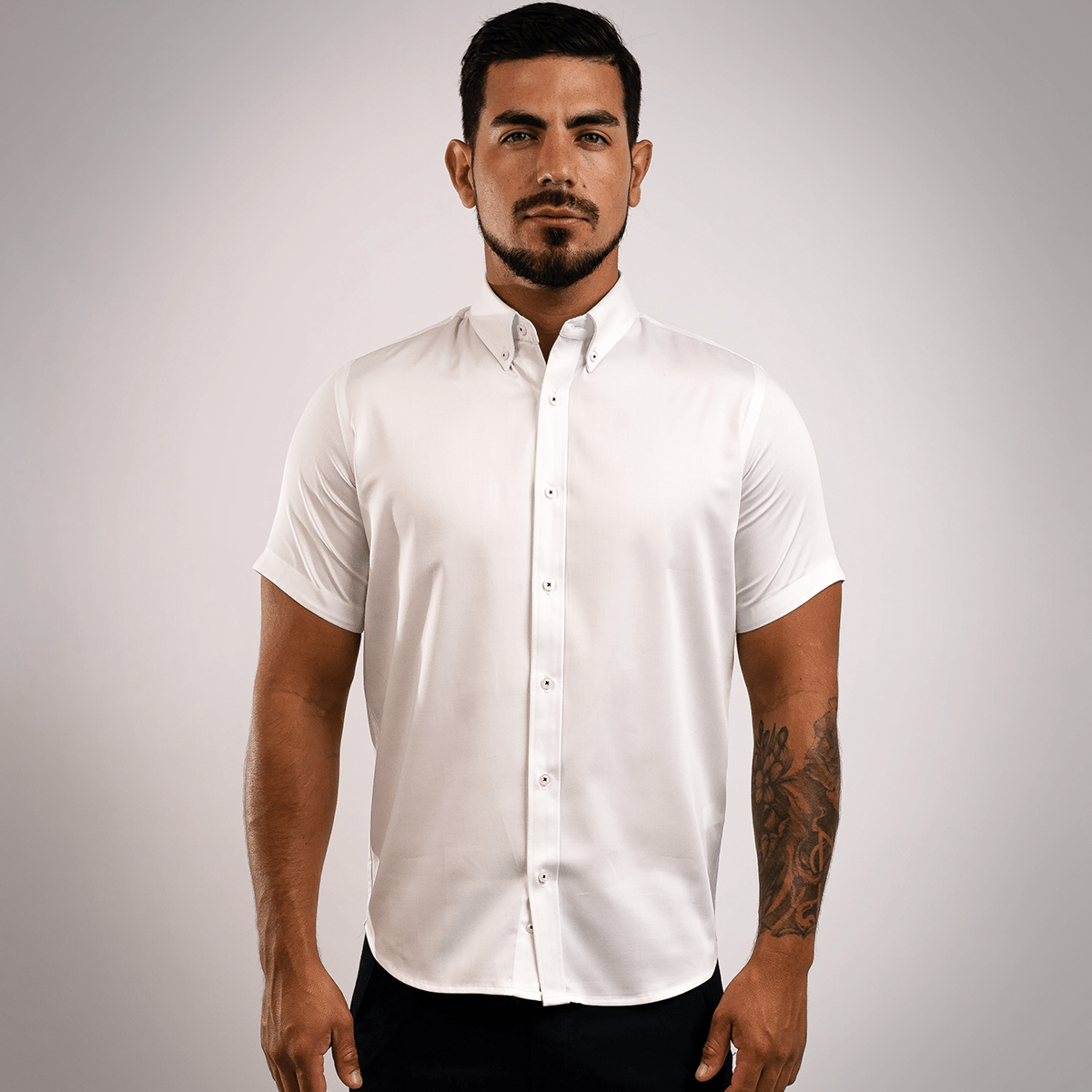 Camisa Algodón Stretch Blanca Manga Corta Slim Fit - BARBADENS