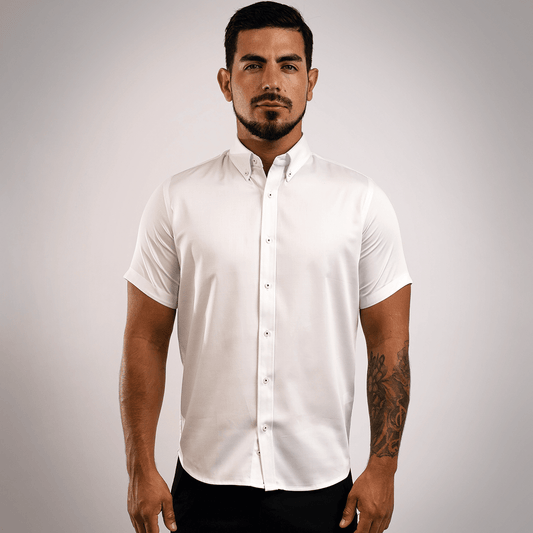 Camisa Algodón Stretch Blanca Manga Corta Slim Fit - BARBADENS