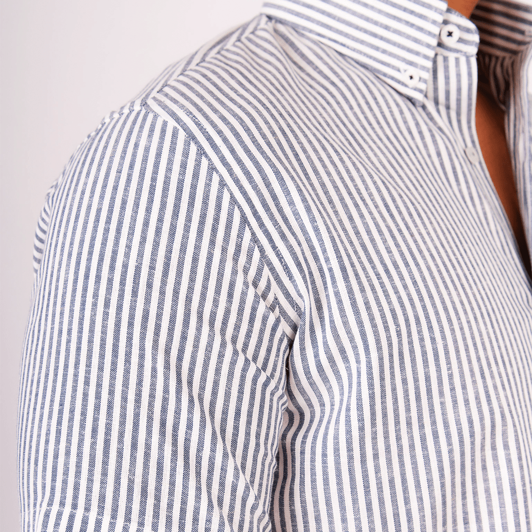 Camisa Lino Algodón Rayas Gris Manga Corta Slim Fit - BARBADENS