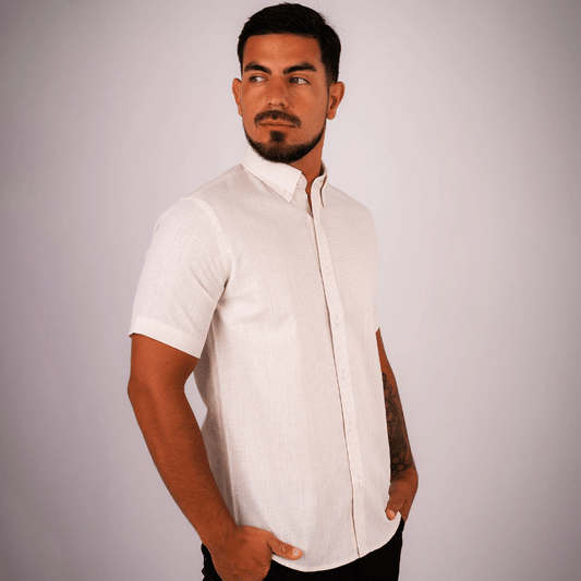 Camisa Lino Algodón Rayas Beige Manga Corta Slim Fit - BARBADENS