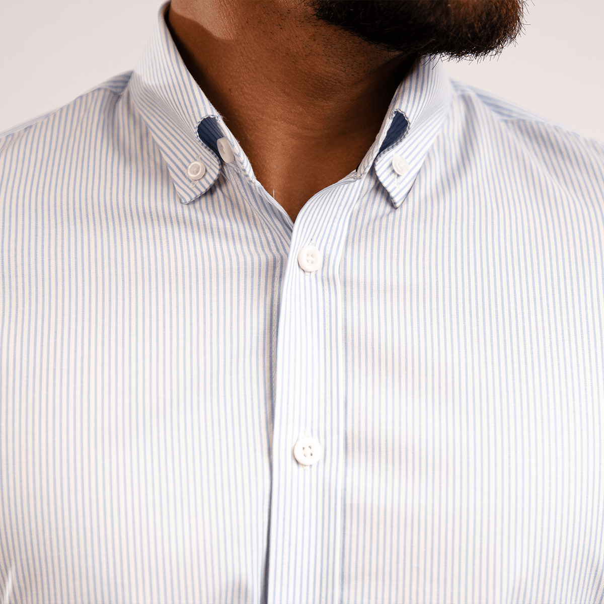 Camisa Algodón Stretch Rayas Celeste Manga Corta Slim Fit - BARBADENS