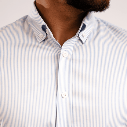 Camisa Algodón Stretch Rayas Celeste Manga Corta Slim Fit - BARBADENS