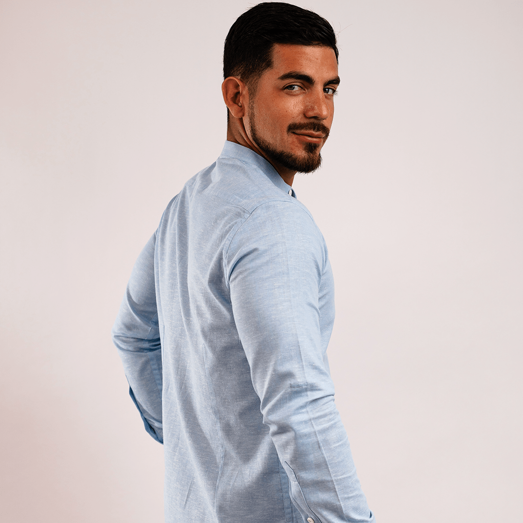 Camisa Lino Algodón Celeste Cuello Nerú Slim Fit - BARBADENS
