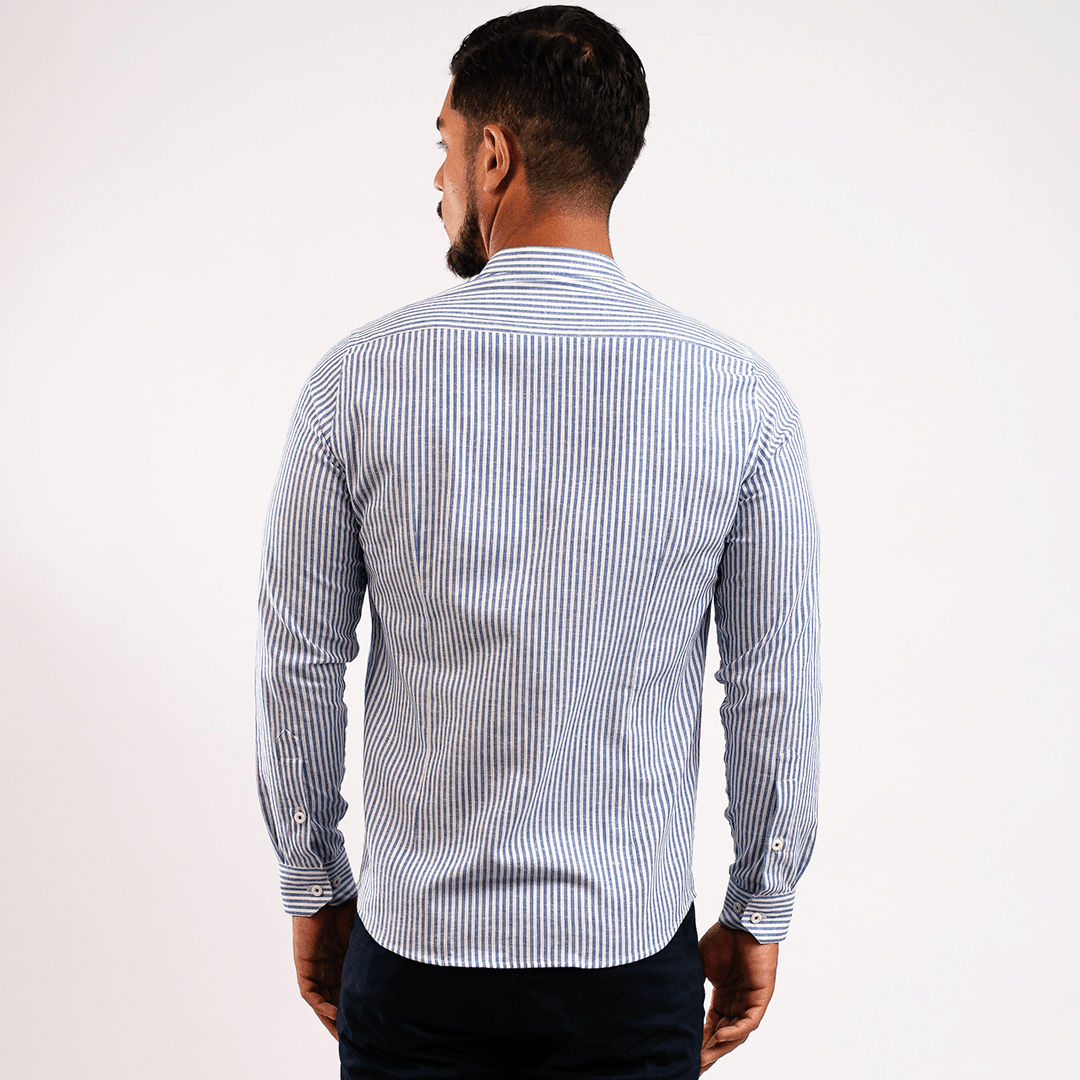 Camisa Lino Algodón Rayas Azul Cuello Nerú Slim Fit - BARBADENS