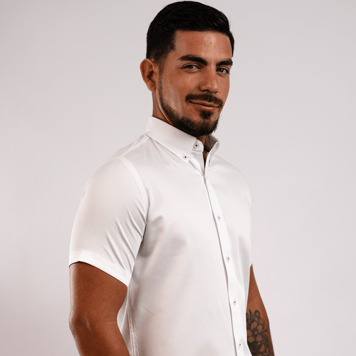 Camisa Algodón Stretch Blanca Manga Corta Slim Fit - BARBADENS
