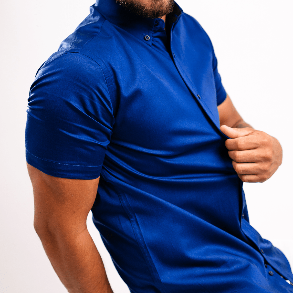Camisa Algodón Stretch Azurro Manga Corta Slim Fit - BARBADENS