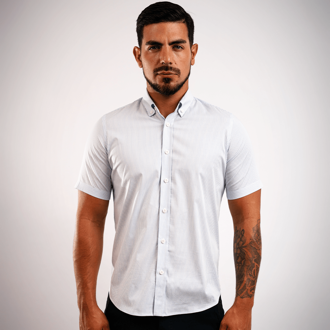 Camisa Algodón Stretch Rayas Celeste Manga Corta Slim Fit - BARBADENS
