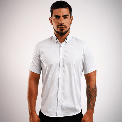 Camisa Algodón Stretch Rayas Celeste Manga Corta Slim Fit - BARBADENS