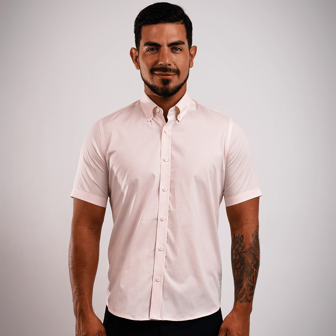 Camisa Algodón Stretch Rayas Rosada Manga Corta Slim Fit - BARBADENS