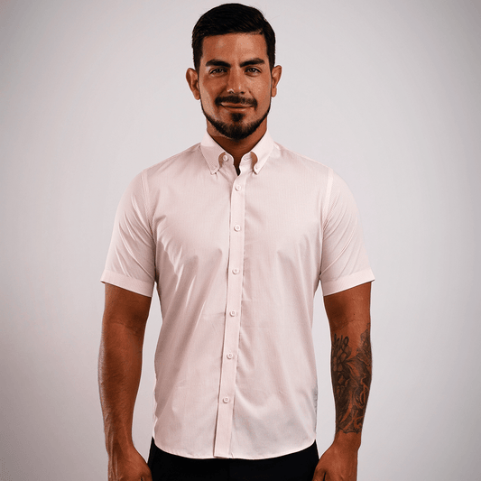 Camisa Algodón Stretch Rayas Rosada Manga Corta Slim Fit - BARBADENS