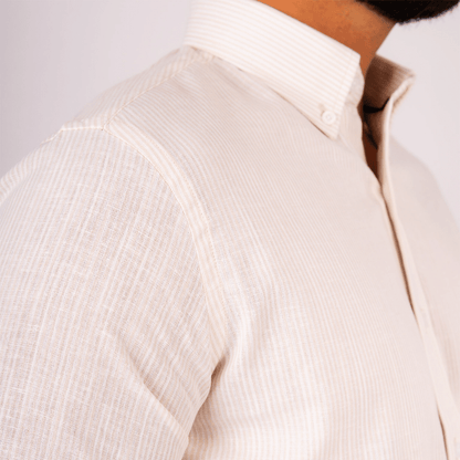 Camisa Lino Algodón Rayas Beige Manga Corta Slim Fit - BARBADENS