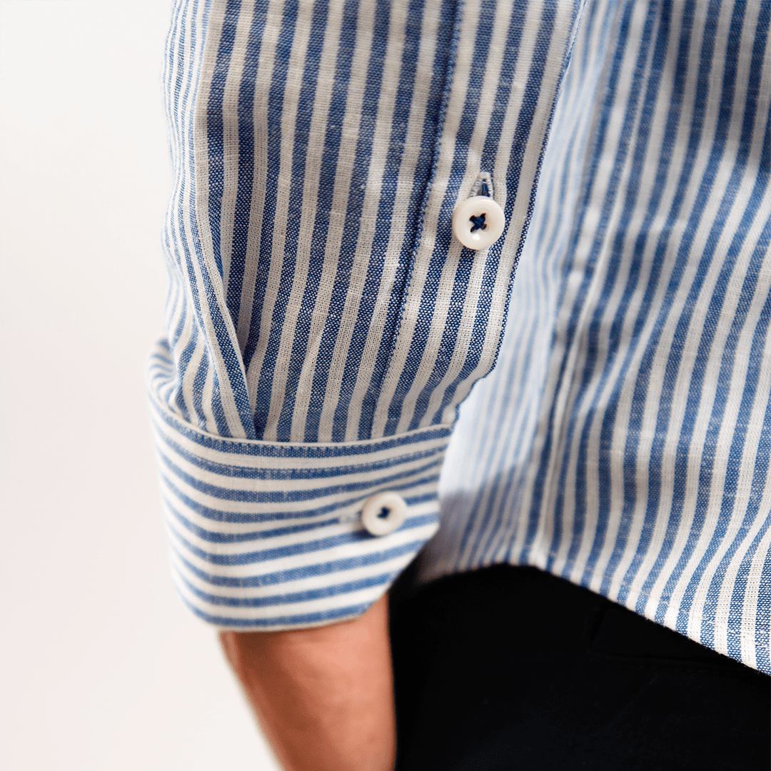 Camisa Lino Algodón Rayas Azul Cuello Nerú Slim Fit - BARBADENS