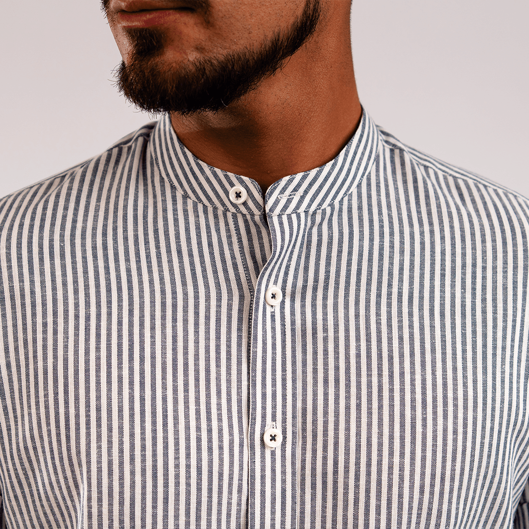 Camisa Lino Algodón Rayas Gris Cuello Nerú Slim Fit - BARBADENS