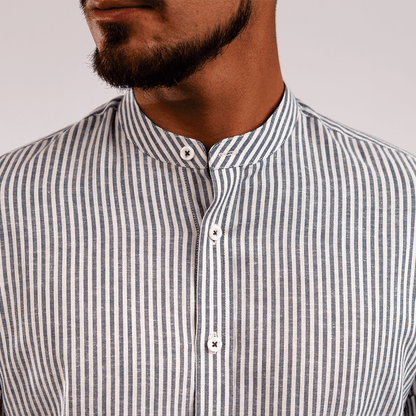 Camisa Lino Algodón Rayas Gris Cuello Nerú Slim Fit - BARBADENS