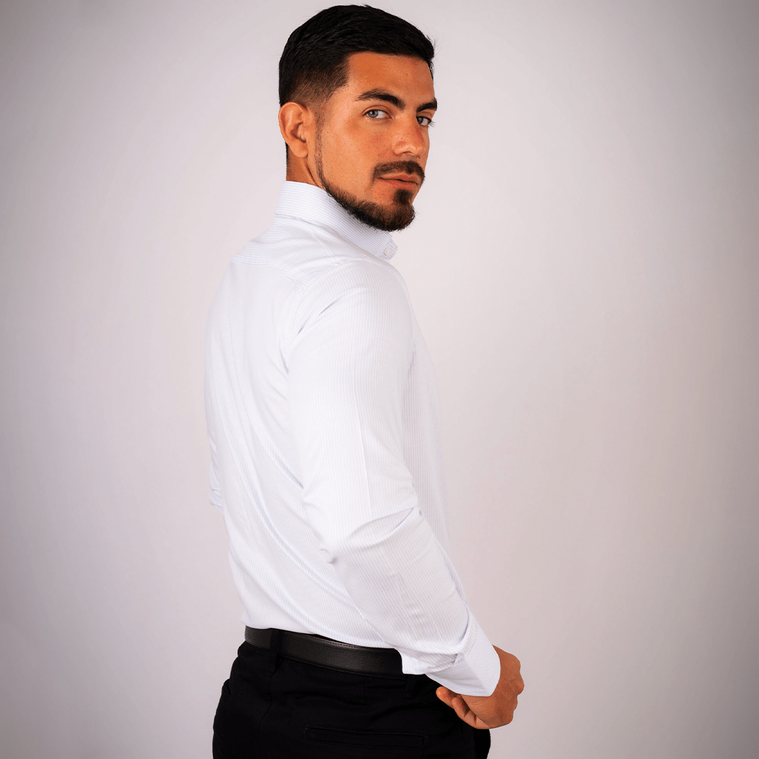 Camisa Slim Fit Rayas Celeste Dobby Algodón Pima - BARBADENS