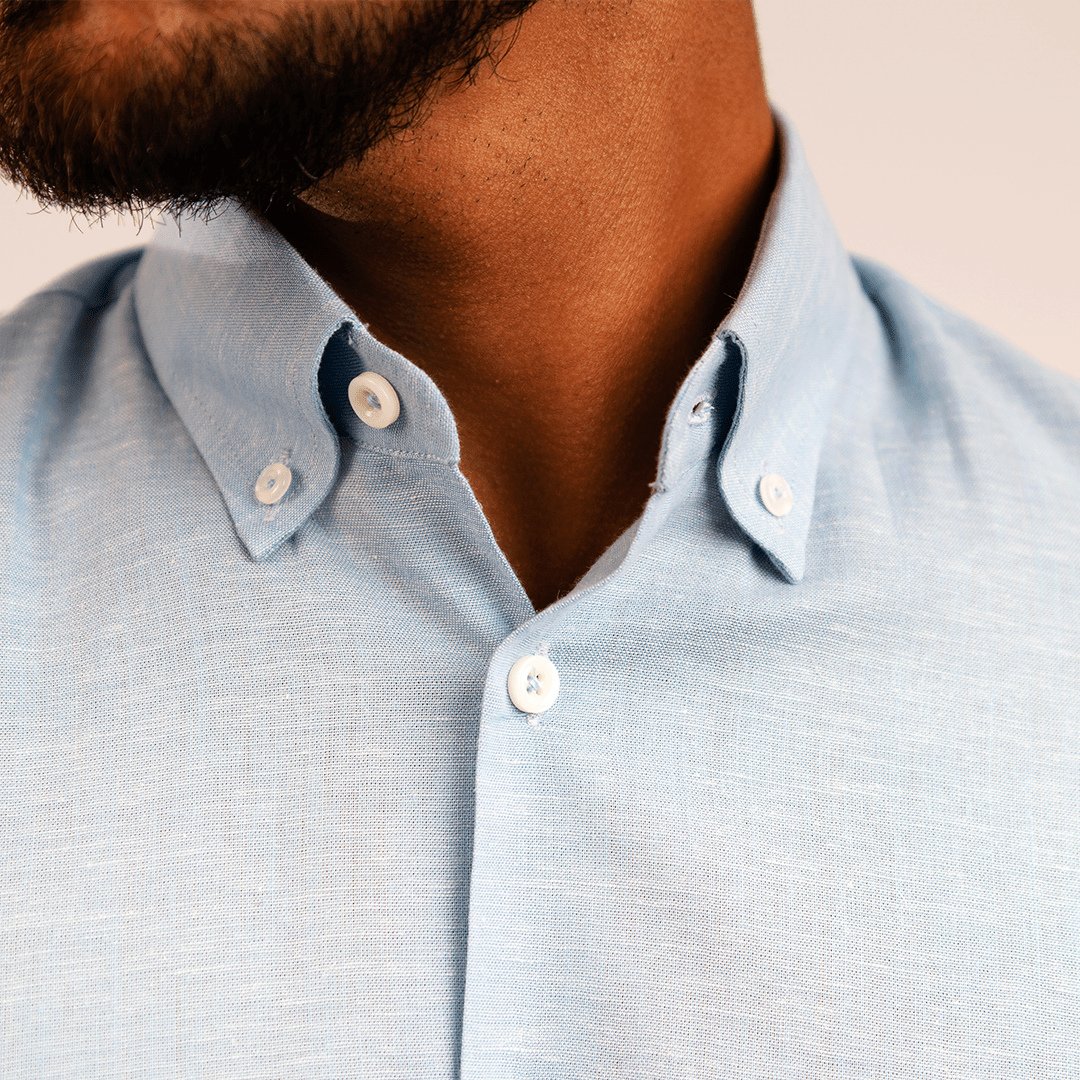 Camisa Lino Algodón Celeste Manga Corta Slim Fit - BARBADENS
