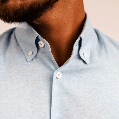 Camisa Lino Algodón Celeste Manga Corta Slim Fit - BARBADENS