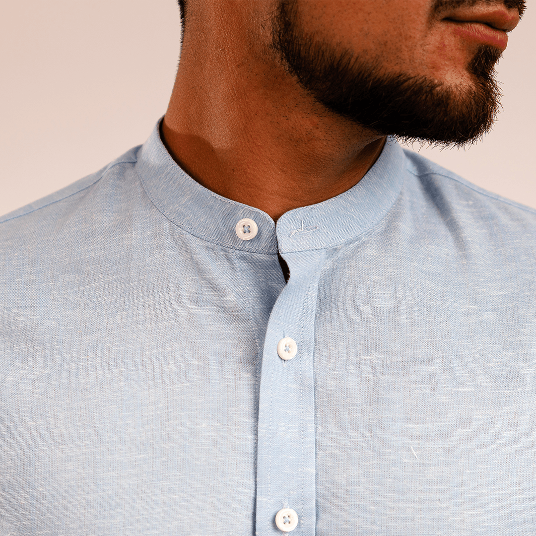 Camisa Lino Algodón Celeste Cuello Nerú Slim Fit - BARBADENS