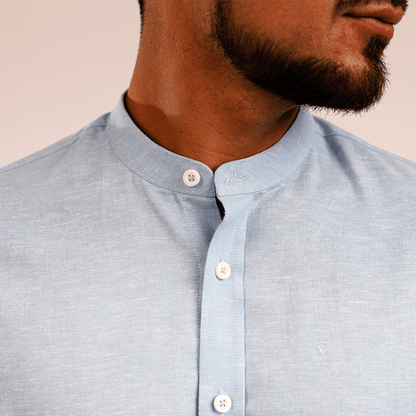 Camisa Lino Algodón Celeste Cuello Nerú Slim Fit - BARBADENS