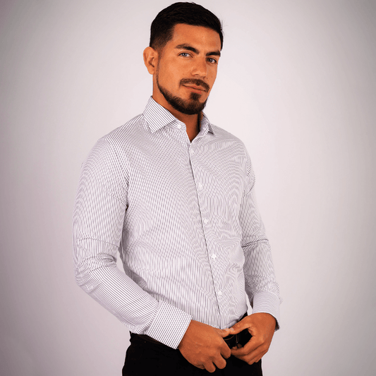 Camisa Slim Fit Rayas Negro Dobby Algodón Pima - BARBADENS