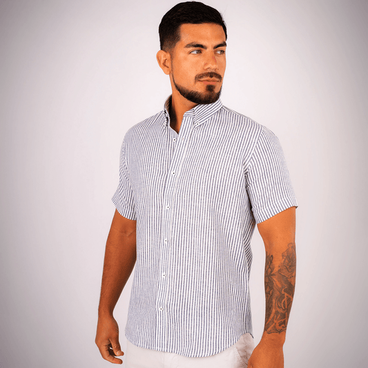 Camisa Lino Algodón Rayas Gris Manga Corta Slim Fit - BARBADENS