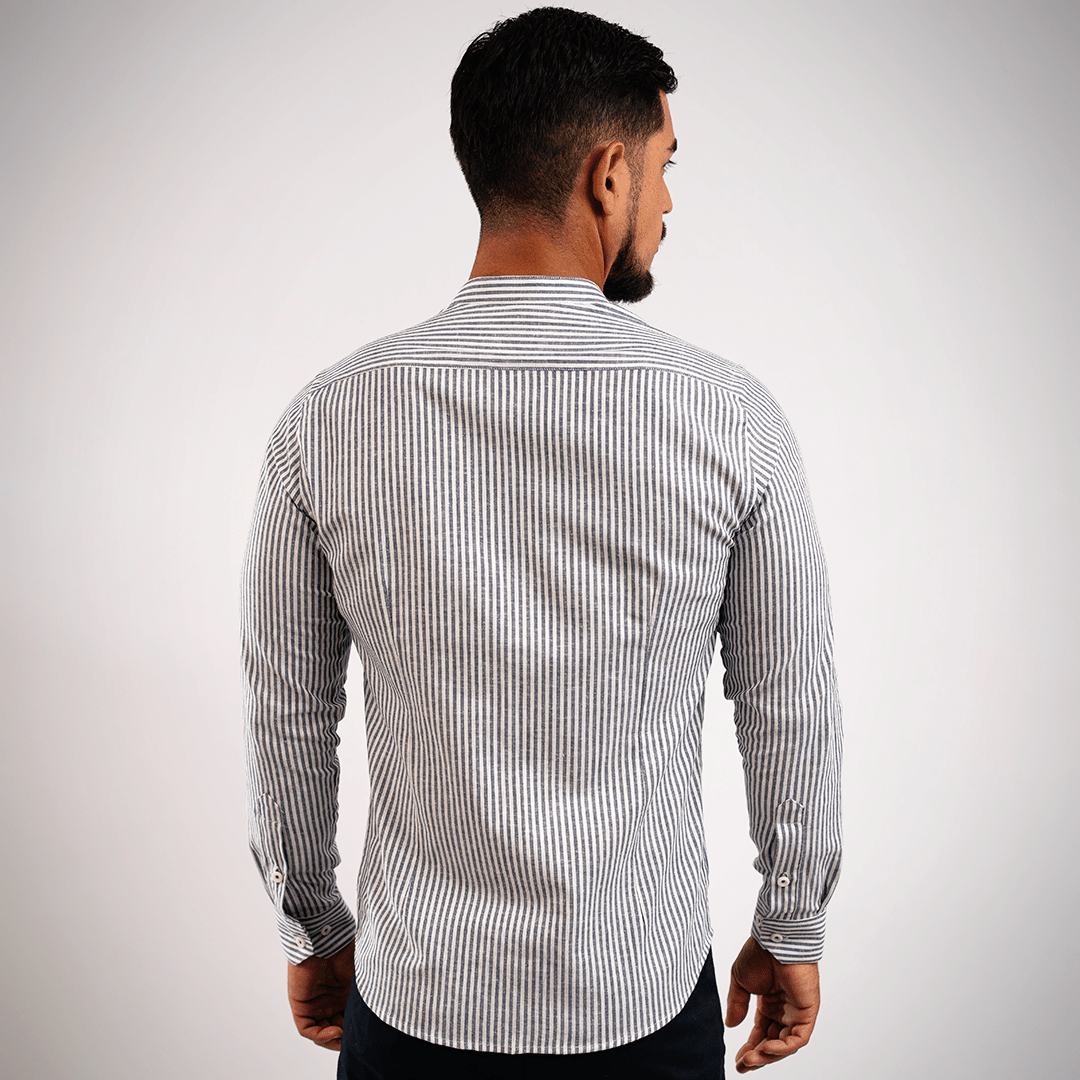 Camisa Lino Algodón Rayas Gris Cuello Nerú Slim Fit - BARBADENS