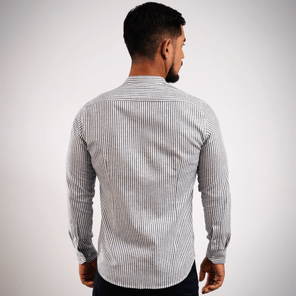 Camisa Lino Algodón Rayas Gris Cuello Nerú Slim Fit - BARBADENS