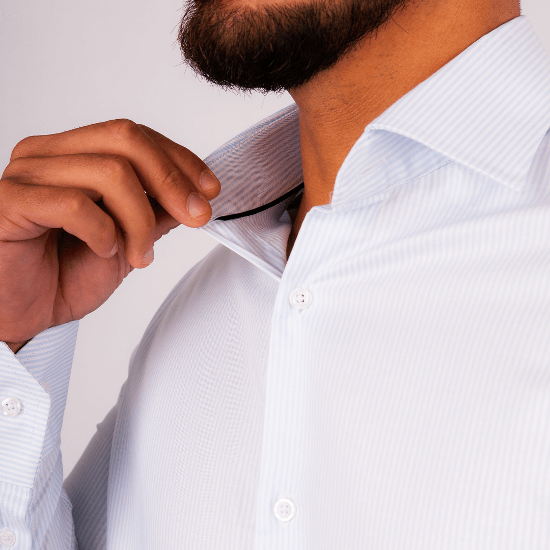 Camisa Slim Fit Rayas Celeste Dobby Algodón Pima - BARBADENS