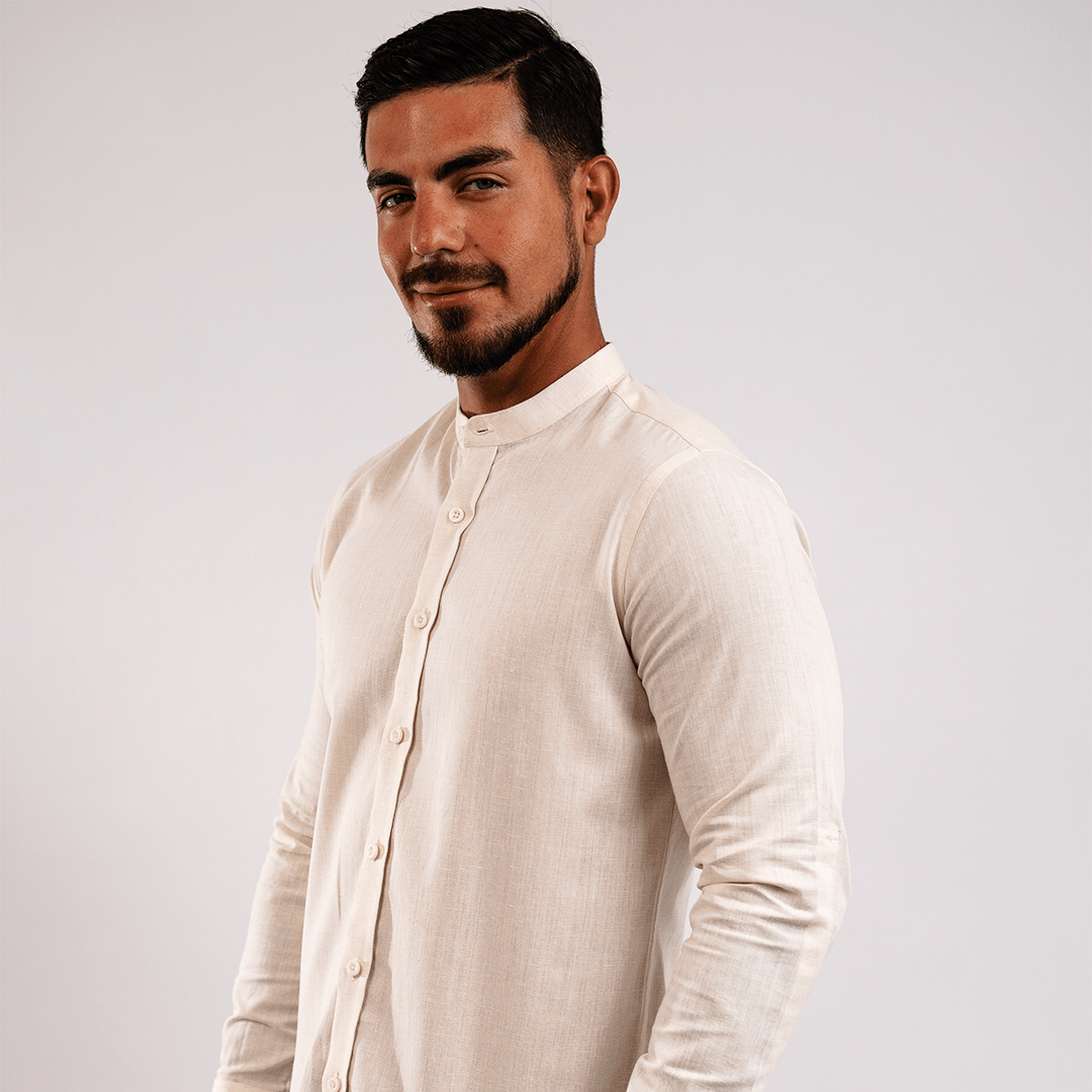 Camisa Lino Algodón Natural Cuello Nerú Slim Fit - BARBADENS