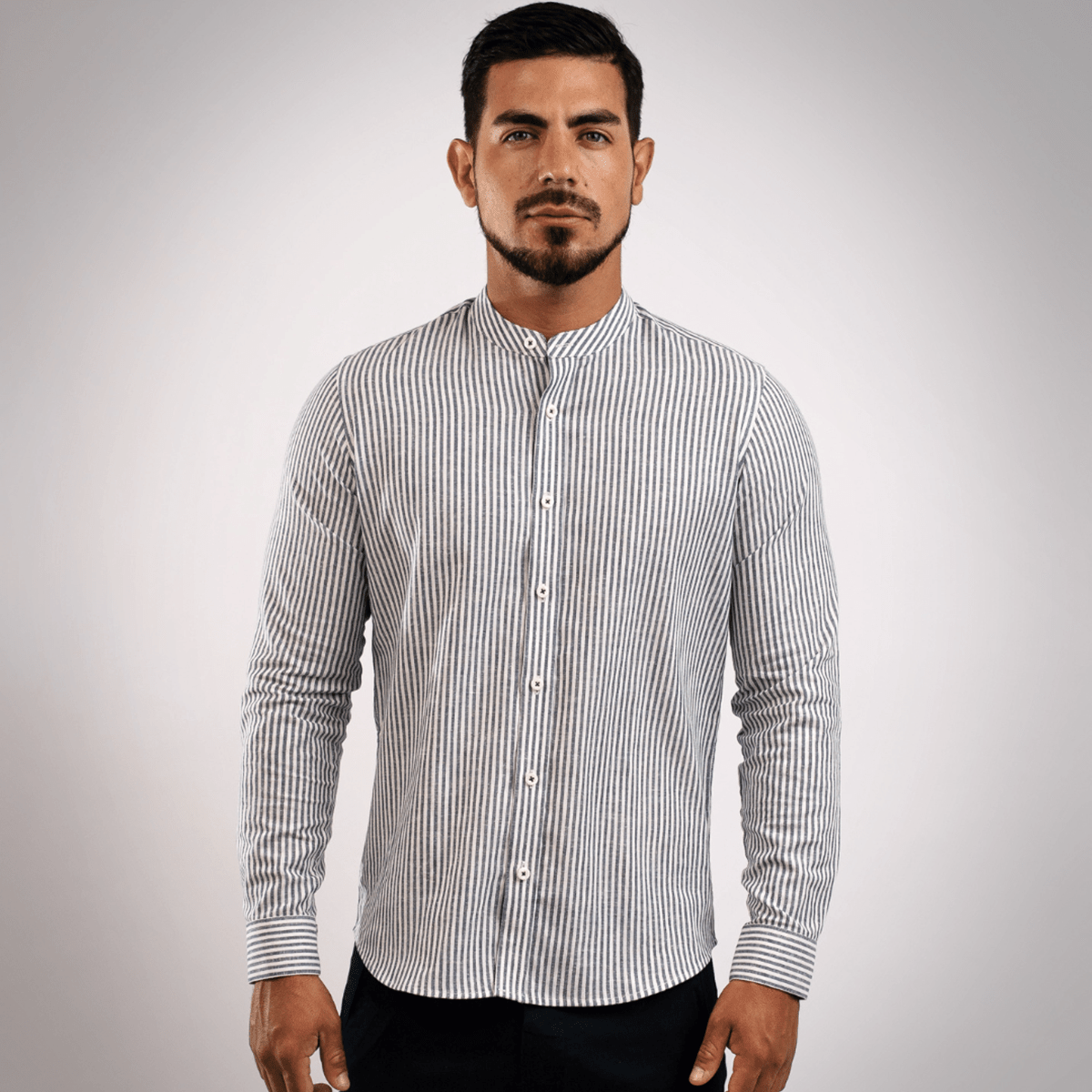 Camisa Lino Algodón Rayas Gris Cuello Nerú Slim Fit - BARBADENS