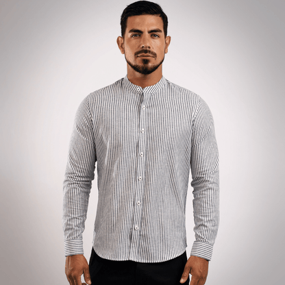 Camisa Lino Algodón Rayas Gris Cuello Nerú Slim Fit - BARBADENS