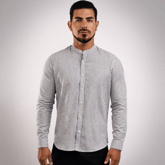 Camisa Lino Algodón Rayas Gris Cuello Nerú Slim Fit - BARBADENS