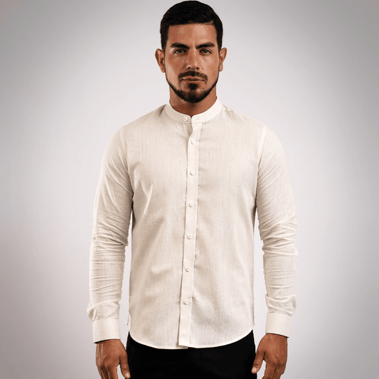 Camisa Lino Algodón Natural Cuello Nerú Slim Fit - BARBADENS