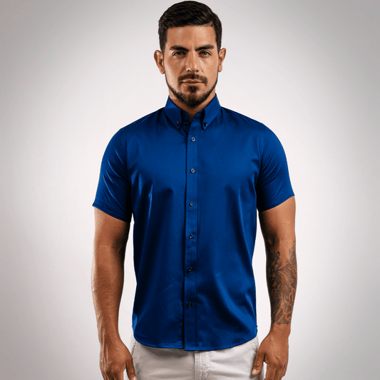 Camisa Algodón Stretch Azurro Manga Corta Slim Fit - BARBADENS