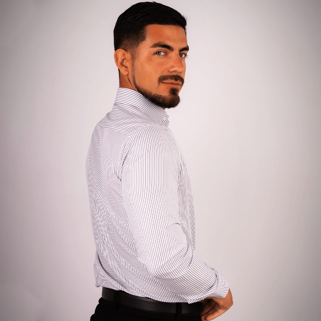 Camisa Slim Fit Rayas Negro Dobby Algodón Pima - BARBADENS
