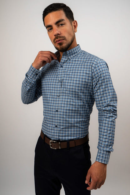 Camisa Cuadros Azul Algodón Stretch Slim Fit